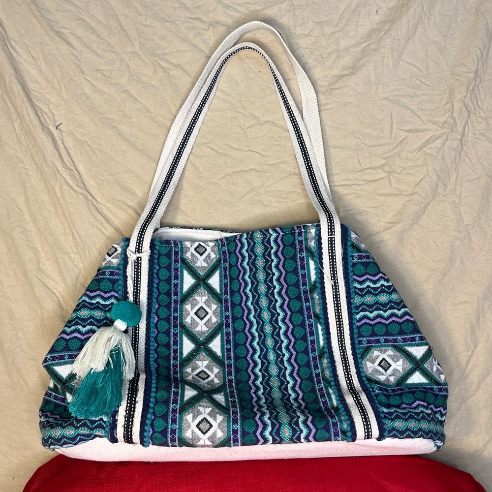 Extra Large Woven Indian Shoulder Bag with Tassels Bohemian Blue